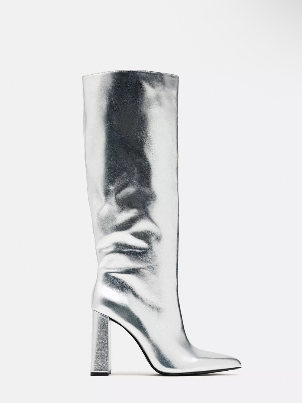 Zara Silver Metallic Knee-High Block Heel Boots